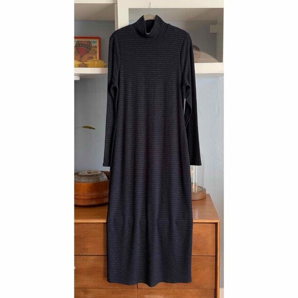 Marine Layer Lexi Rib Turtleneck Midi Dress in Navy Lurex Stripe XL - Picture 2 of 8